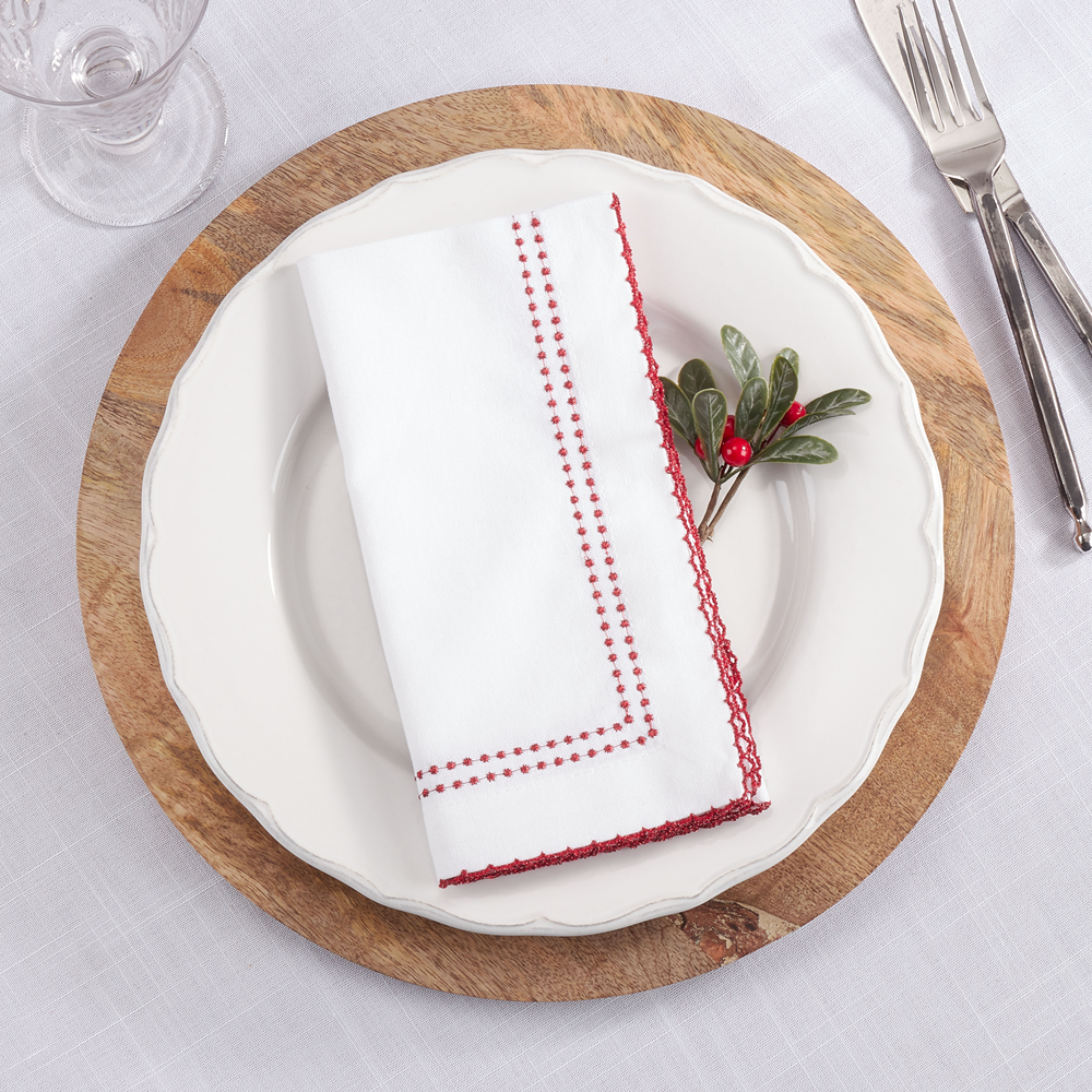 Red Embroidered Border 18" Cotton Cloth Napkin - Set of 4