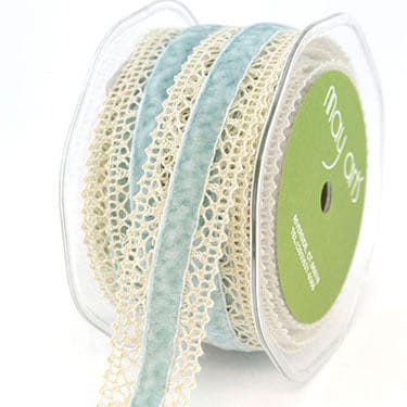 1.5 Inch Crochet with Velvet Center Ribbon in Ivory and Light Blue