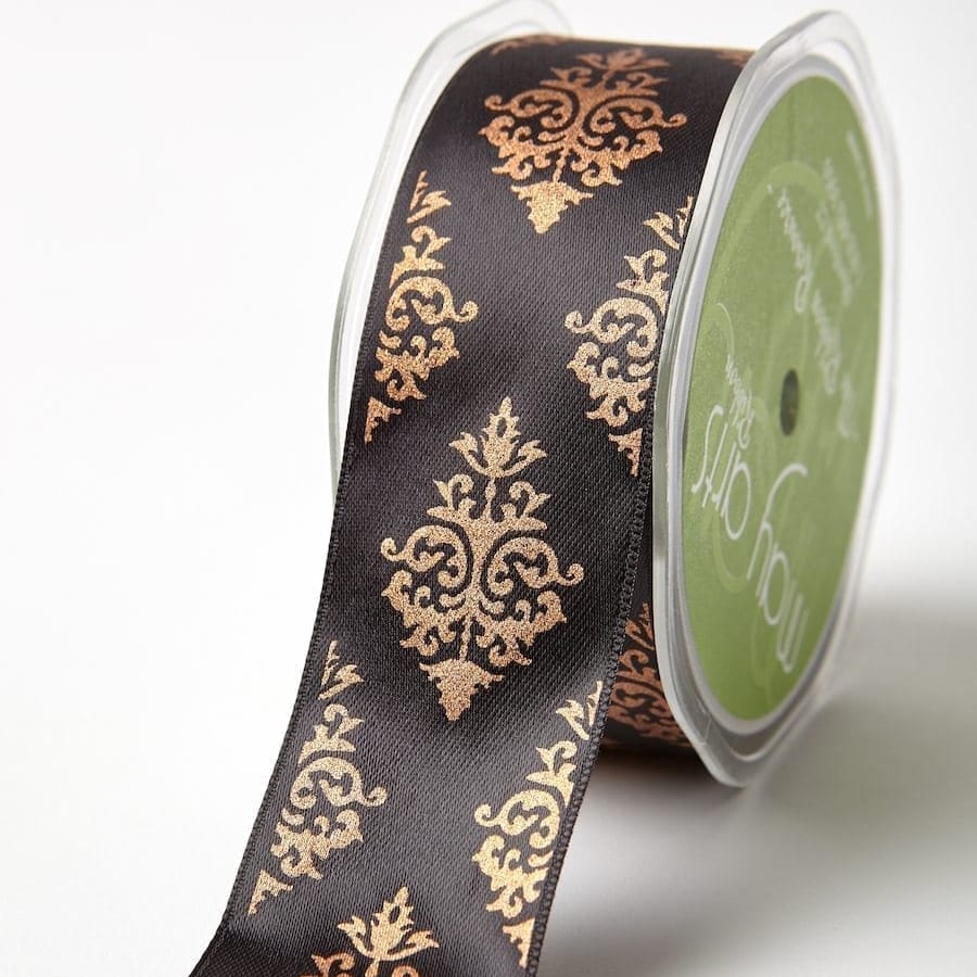 1.5 Inch Single Faced Satin Damask Print Ribbon with Woven Edge