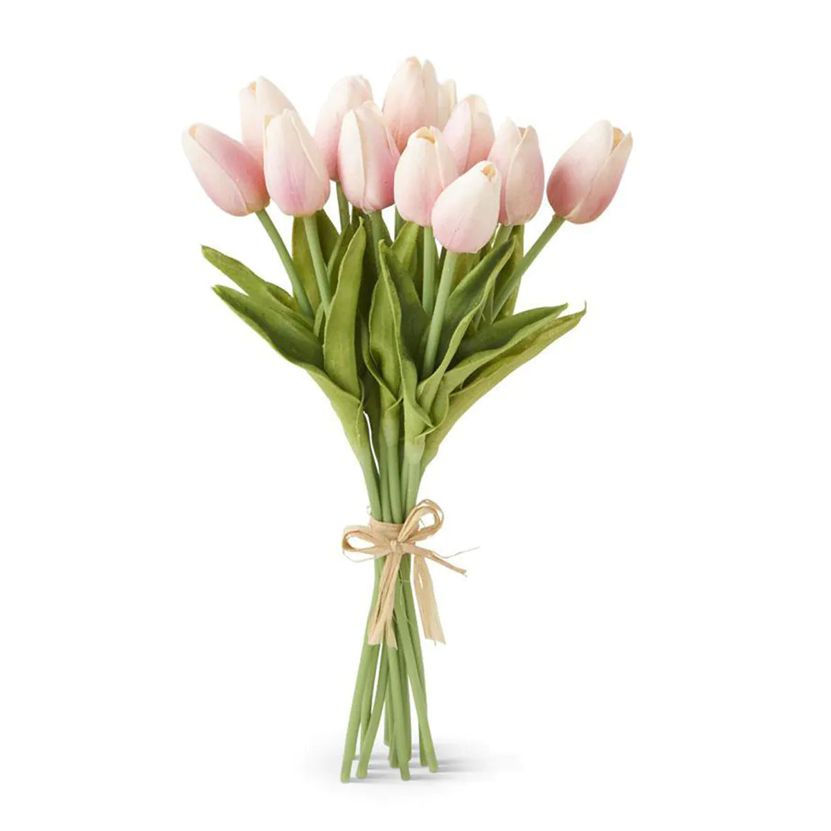 A bundle of pink artificial tulips tied together, arranged vertically against a white background.
