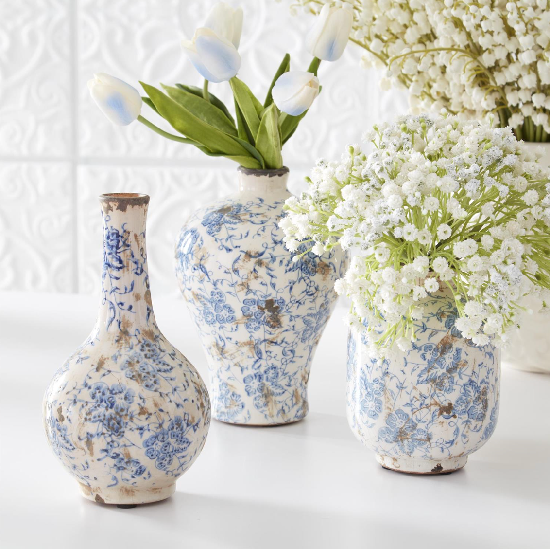 Set of 3 Blue and White Ceramic Bud Vases