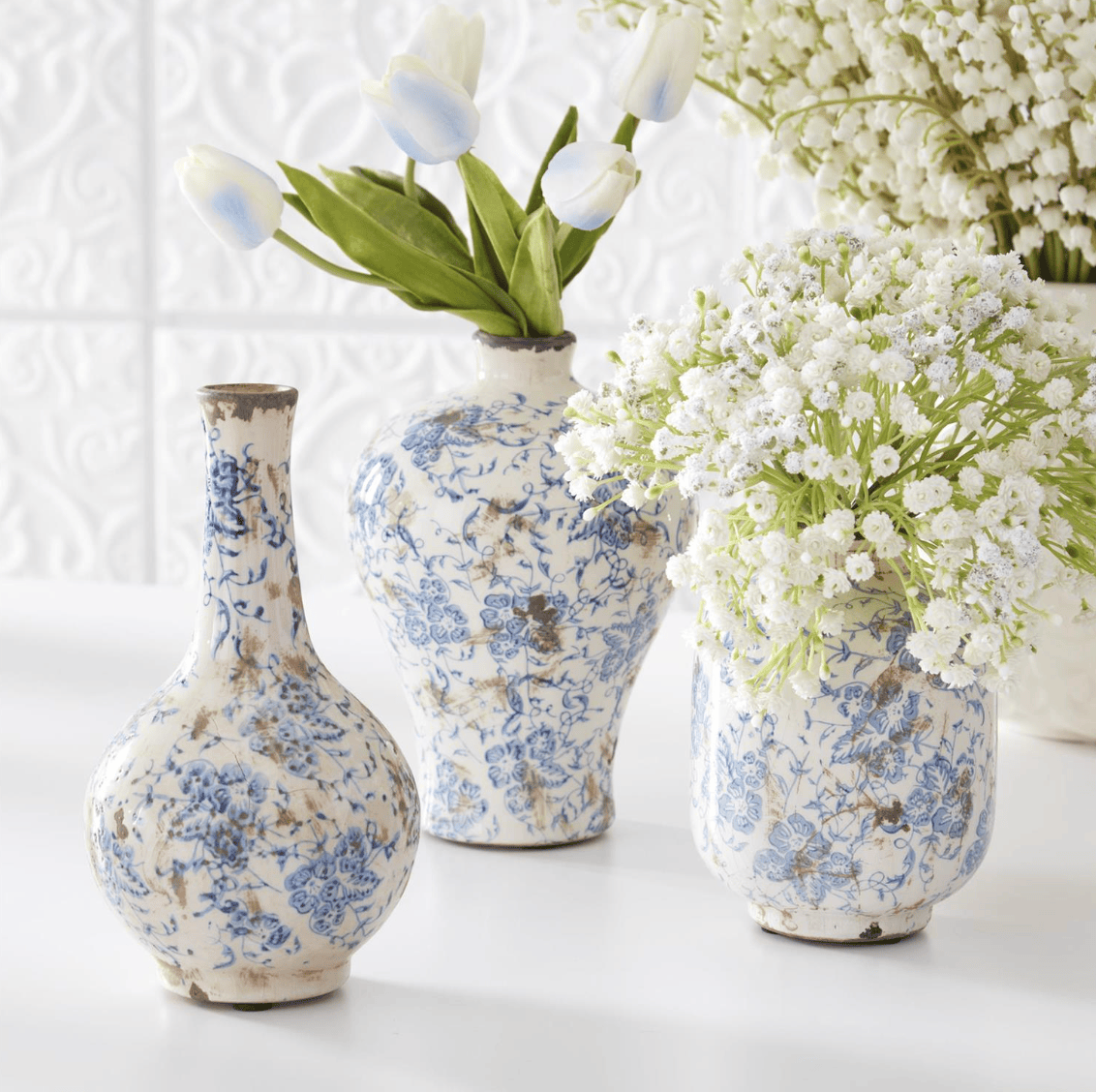 Set of 3 Blue and White Ceramic Bud Vases - Chinoiserie Style Decorative Flower Vases