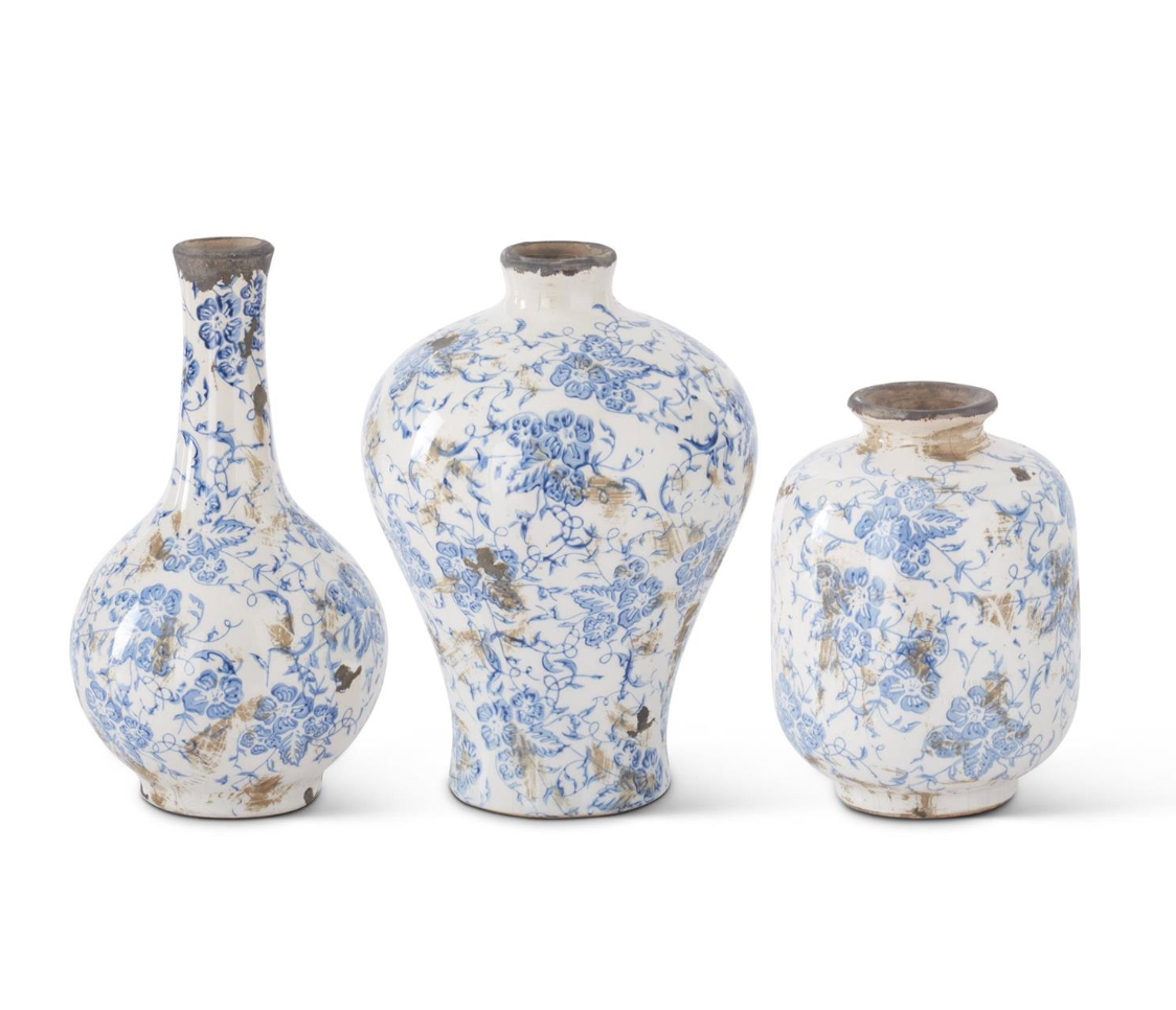 Set of 3 Blue and White Ceramic Bud Vases