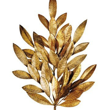 Artificial bay leaf spray with gold painted stems and leaves, 24 inches tall, with visible wiring on the branches.