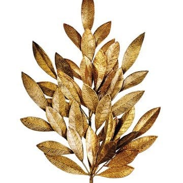 Artificial bay leaf spray with gold painted stems and leaves, 24 inches tall, with visible wiring on the branches.