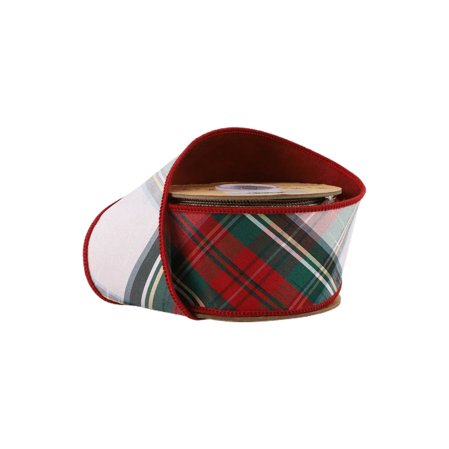 2 1/2" Wired Dupioni Ribbon | Burgundy Red/Green/White Plaid Bias Cut | 5 Yard Roll