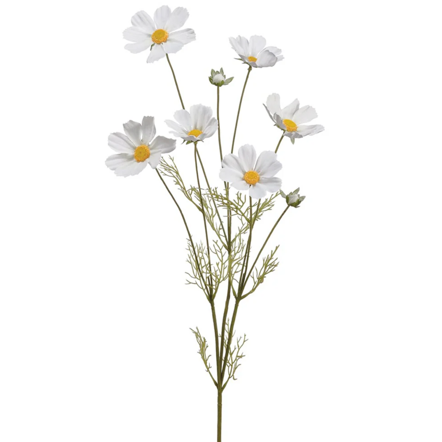 Artificial cosmo flower stem with white flowers and yellow centers on a white background 36 inches