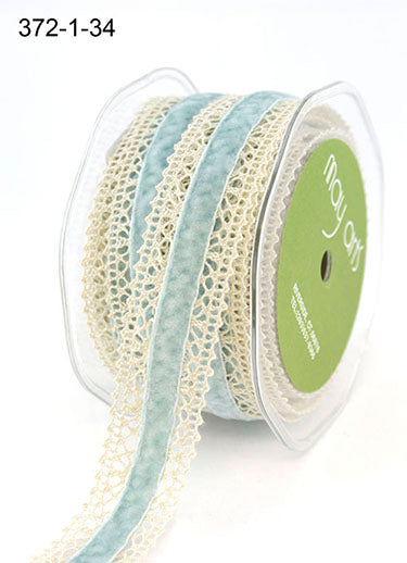1.5 Inch Crochet with Velvet Center Ribbon in Ivory/Blue