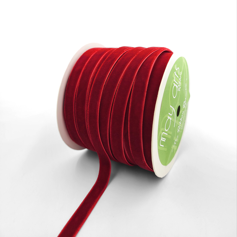 A spool of red velvet ribbon with woven edge, 3/8"