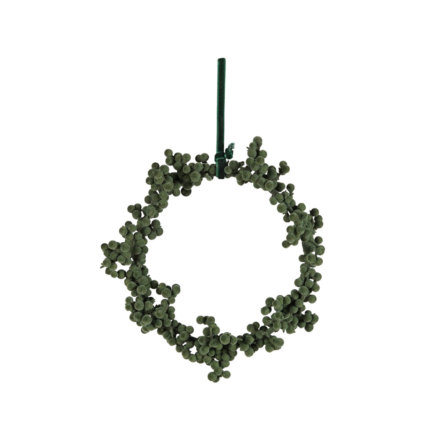 8" Green Flocked Foam Ball Wreath with Velvet Ribbon Hanger