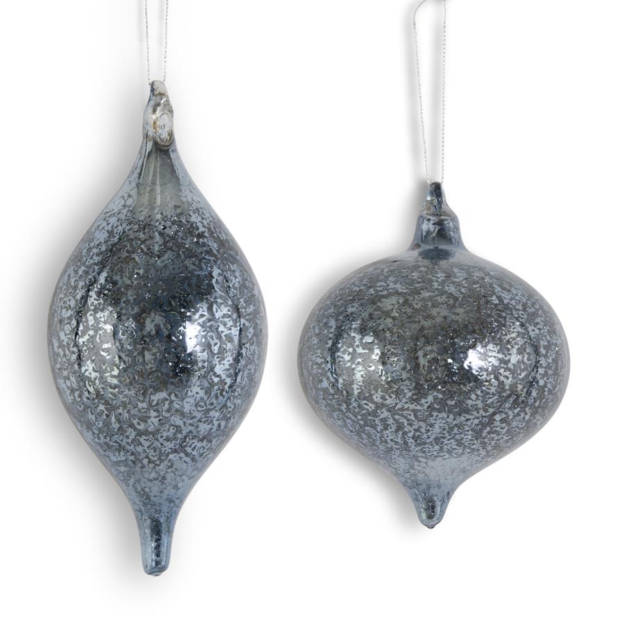 Two blue mercury glass teardrop-shaped ornaments
