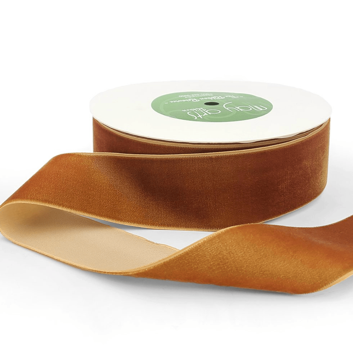 Brown burnt orange. velvet ribbon nd label.