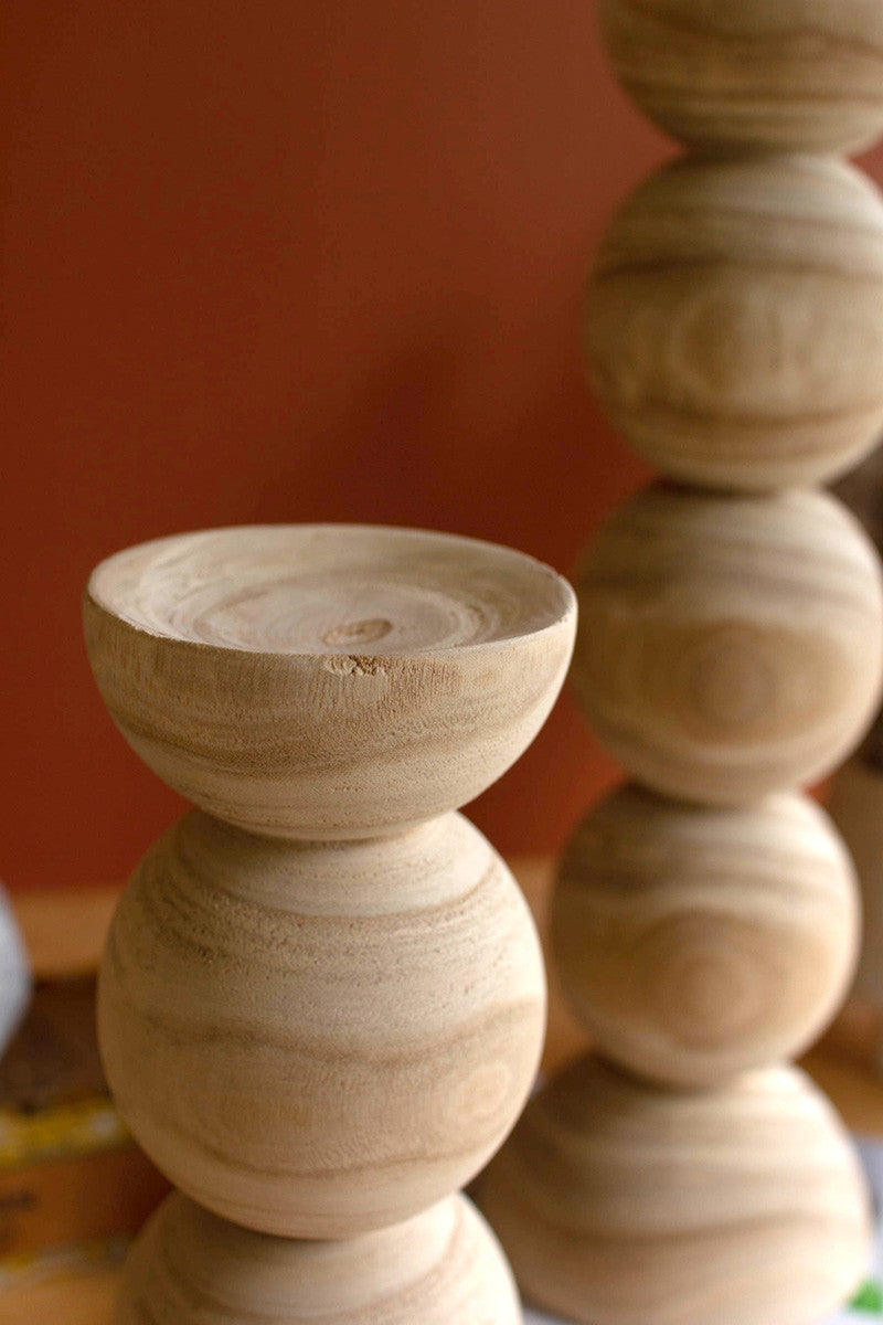Set of 2 Hand-Carved Wooden Stacked Ball Candle Holders