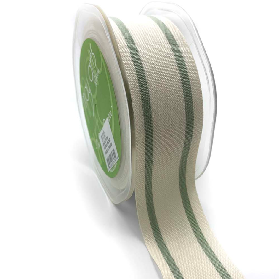 A roll of 1.5 inch wide jadeite green striped woven ribbon, unwinding to show the double stripe pattern.
