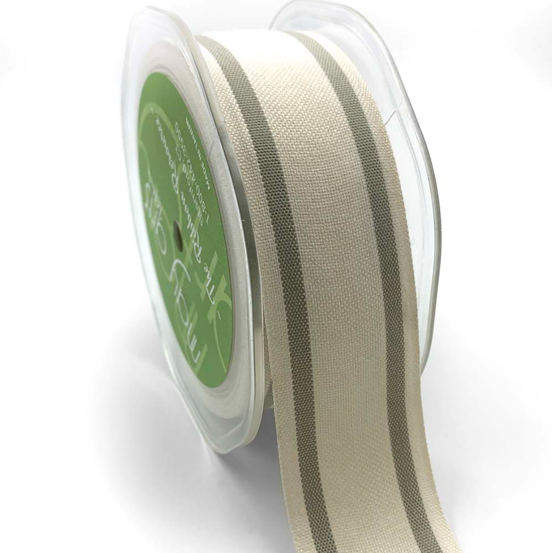 A roll of 1.5 inch wide cotton blend woven double stripe ribbon in a natural color, with a label visible on the core.