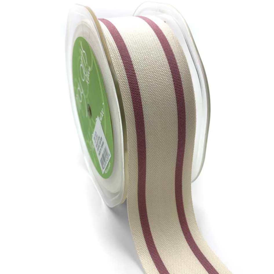 A roll of beige cotton blend woven double stripe ribbon with a wood rose stripe pattern, used for gift wrapping or crafting.