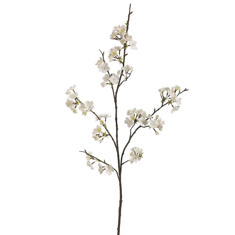 A cream-colored artificial cherry blossom spray with multiple branches against a white background.
