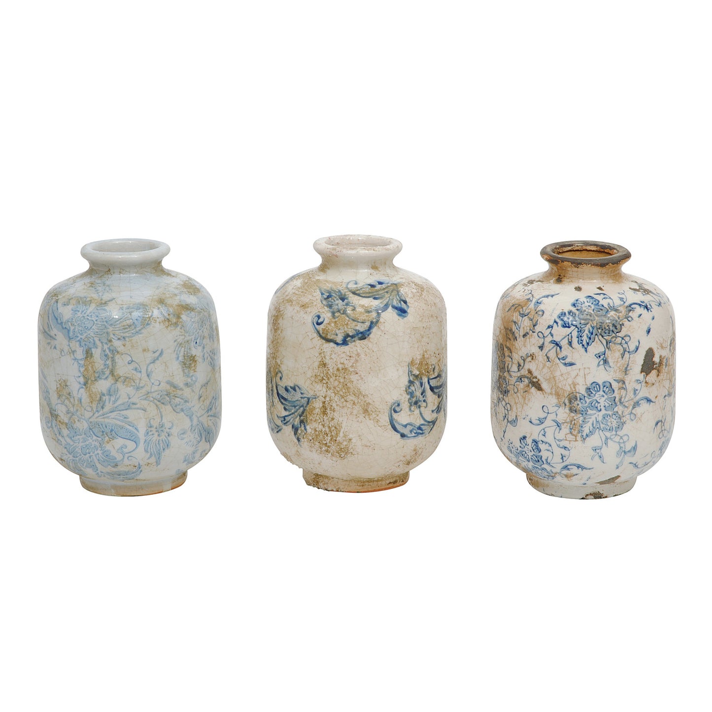 Set of Three Blue and White Vintage Terracotta Vase - Three Styles