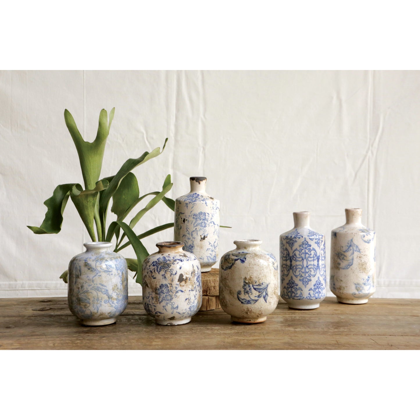 Set of Three Blue and White Vintage Terracotta Vase - Three Styles