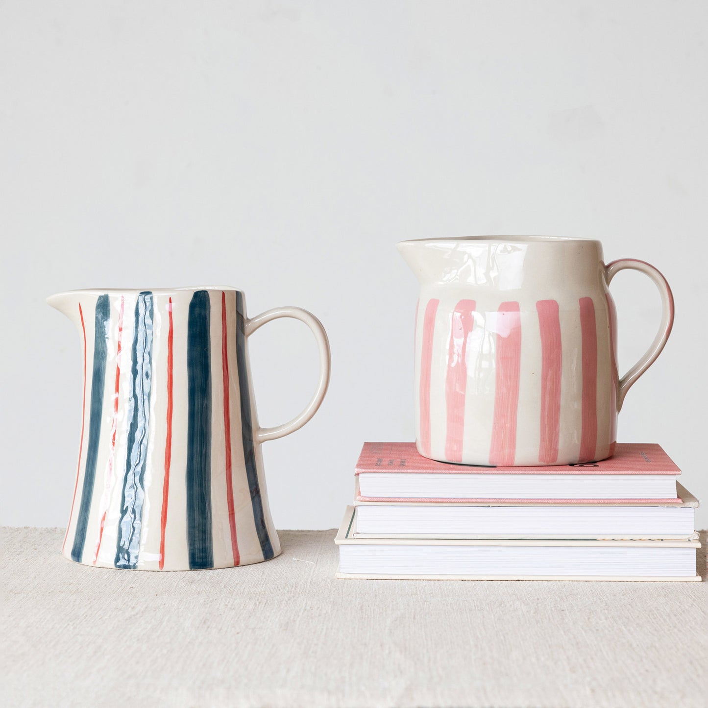 Hand-Painted Stoneware Pitcher with Stripes