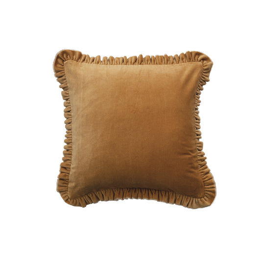 20" Square Cotton Velvet Pillow with Ruffled Trim, Mustard Color