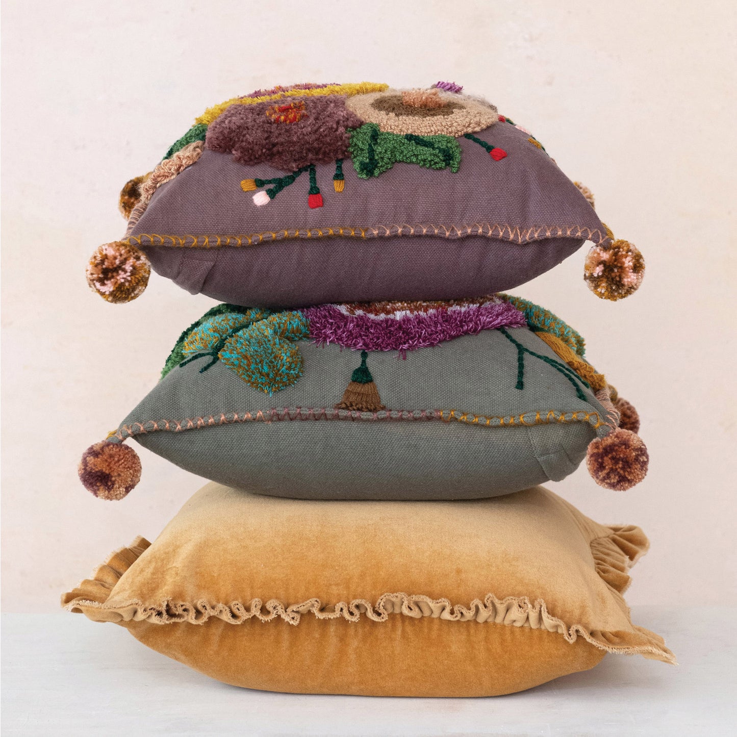 20" Square Cotton Velvet Pillow with Ruffled Trim, Mustard Color