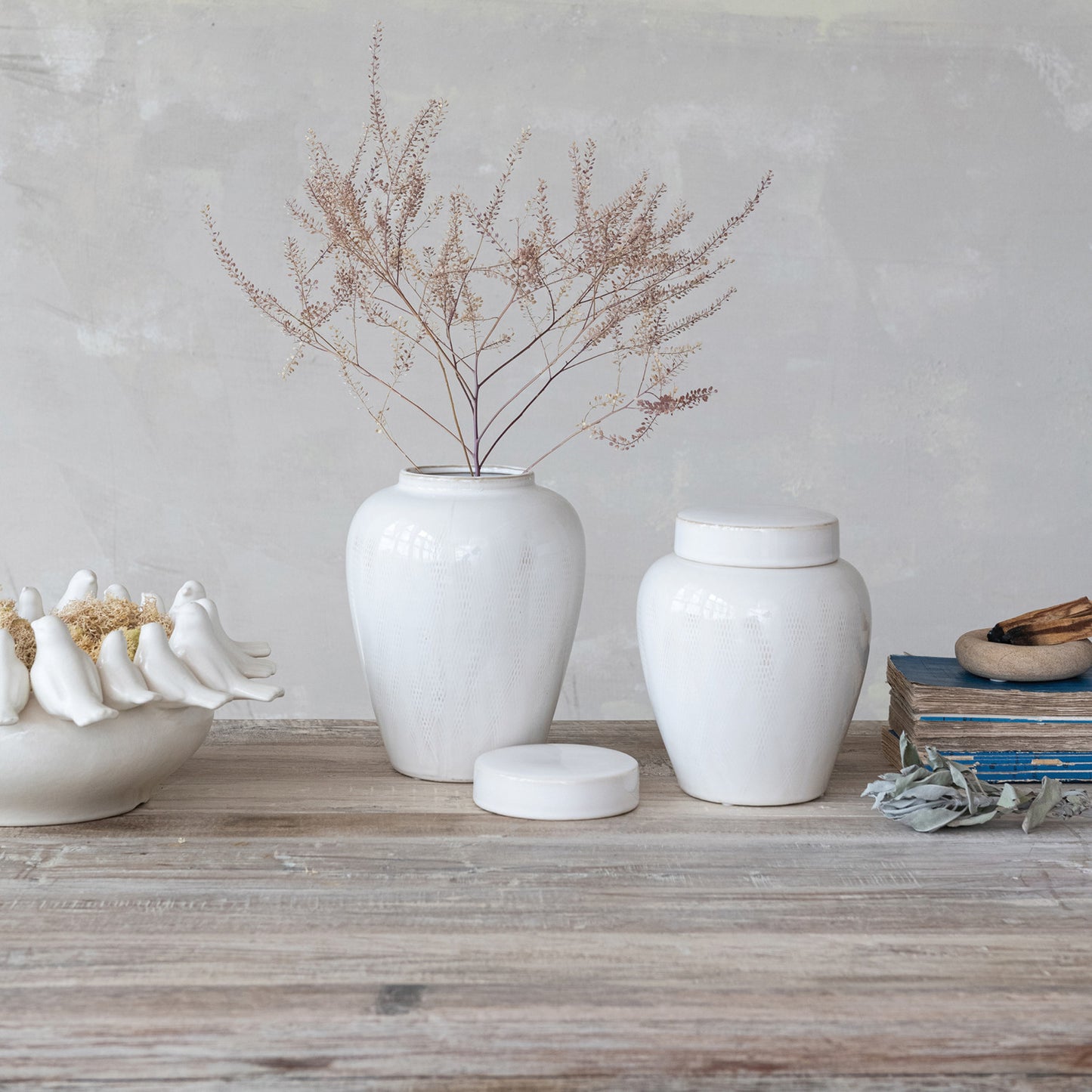 Decorative Debossed Stoneware Ginger Jar with Lid