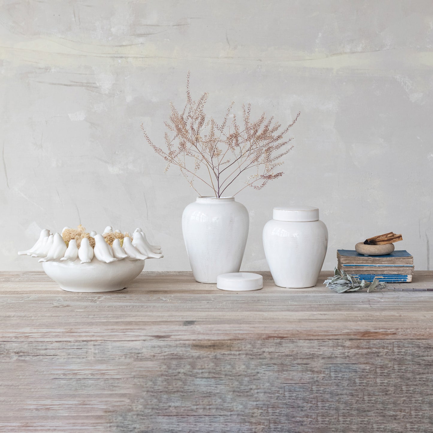 Decorative Debossed Stoneware Ginger Jar with Lid