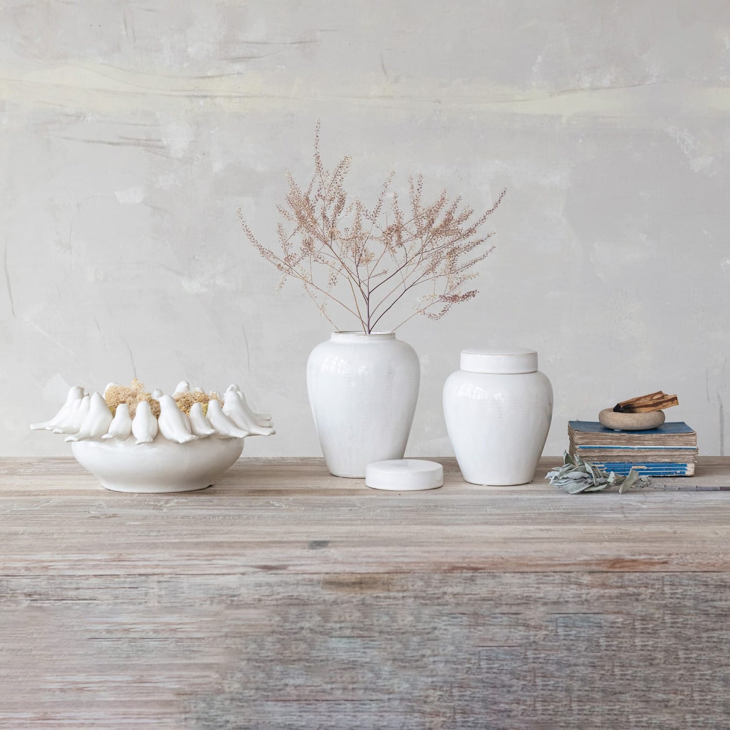 Decorative Debossed Stoneware Ginger Jar with Lid