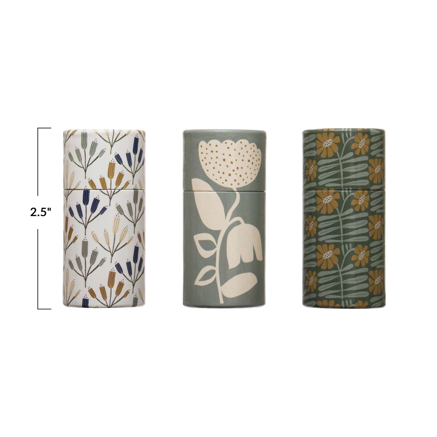Three cylindrical tube matchboxes, each with a different floral pattern design.