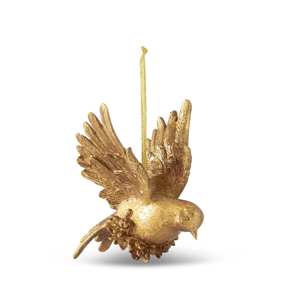 Two gold leaf bird ornaments crafted from resin, one in a head up position and the other in a head down position, with intricate details and hanging strings.