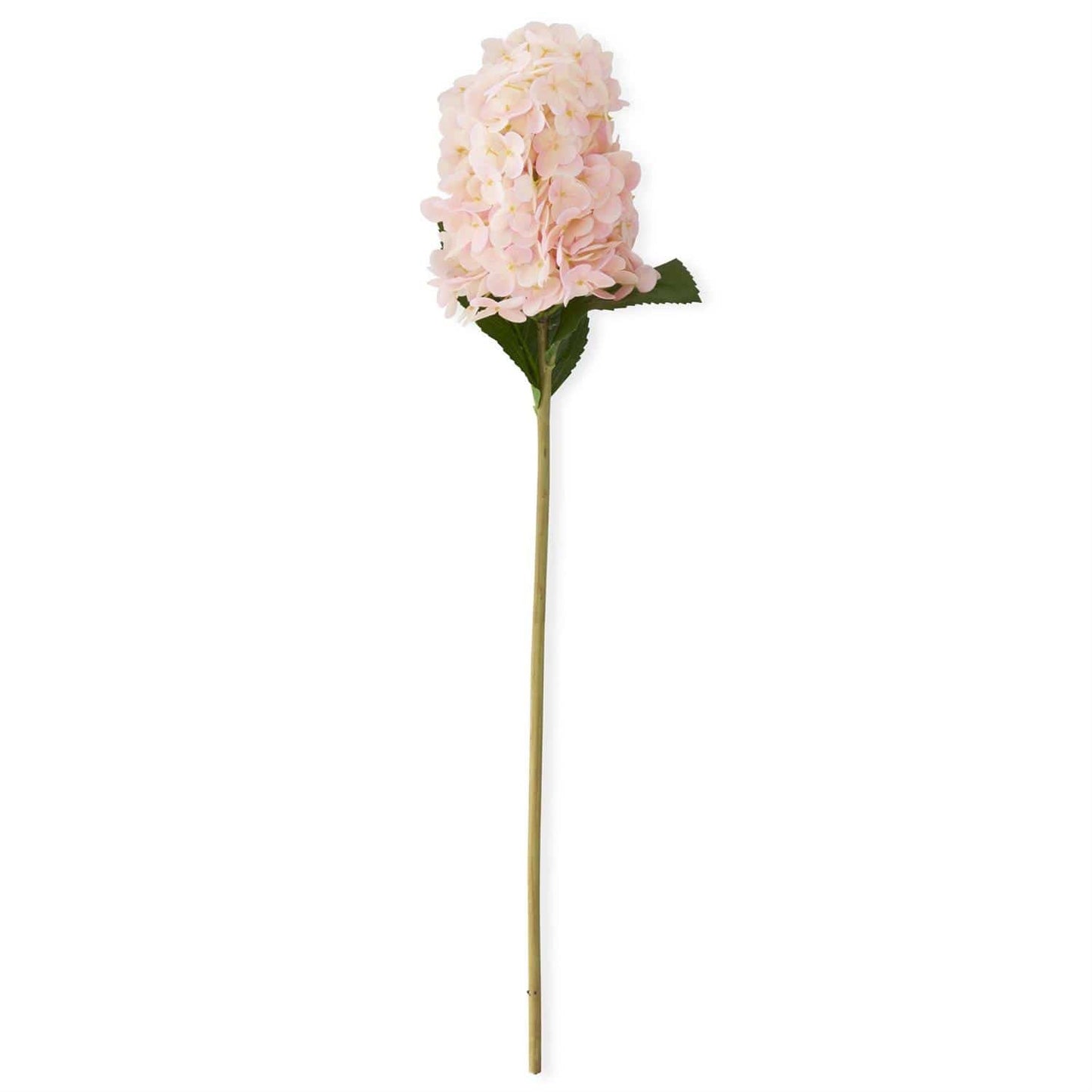 Artificial pink hydrangea with green leaves on a white background