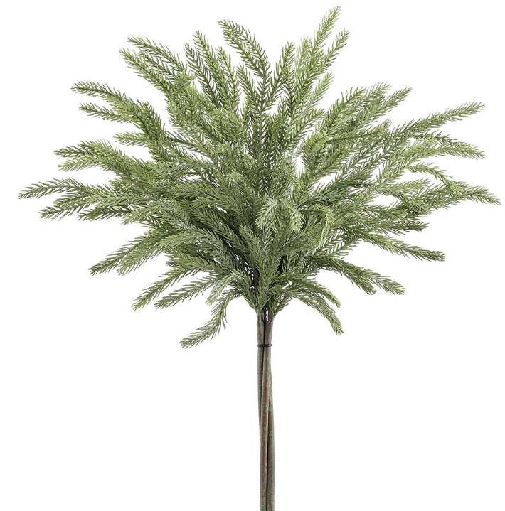 A single stem of artificial spruce foliage against a white background.