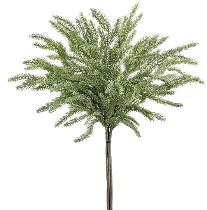 A single stem of artificial spruce foliage against a white background.