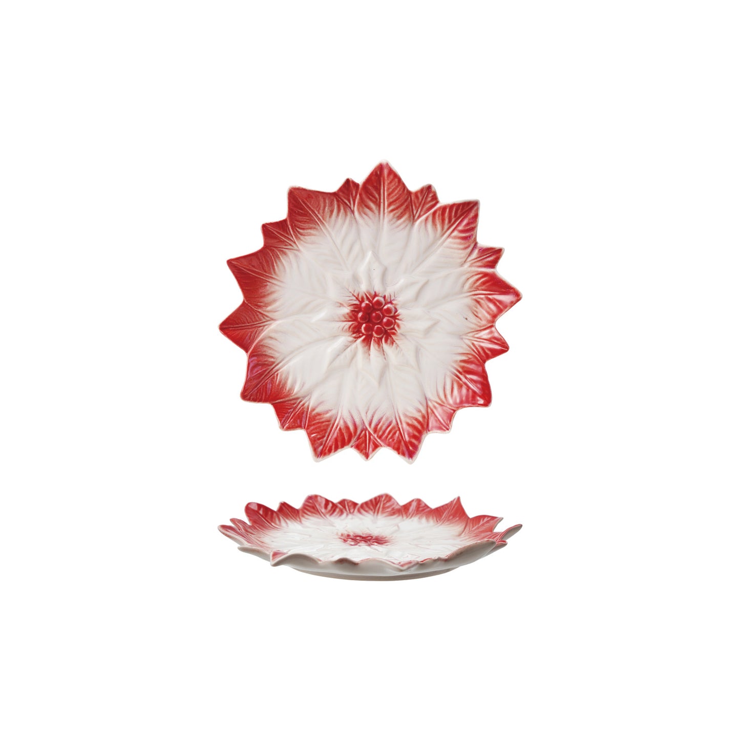 Hand-Painted Stoneware Poinsettia Shaped Plate Red & White