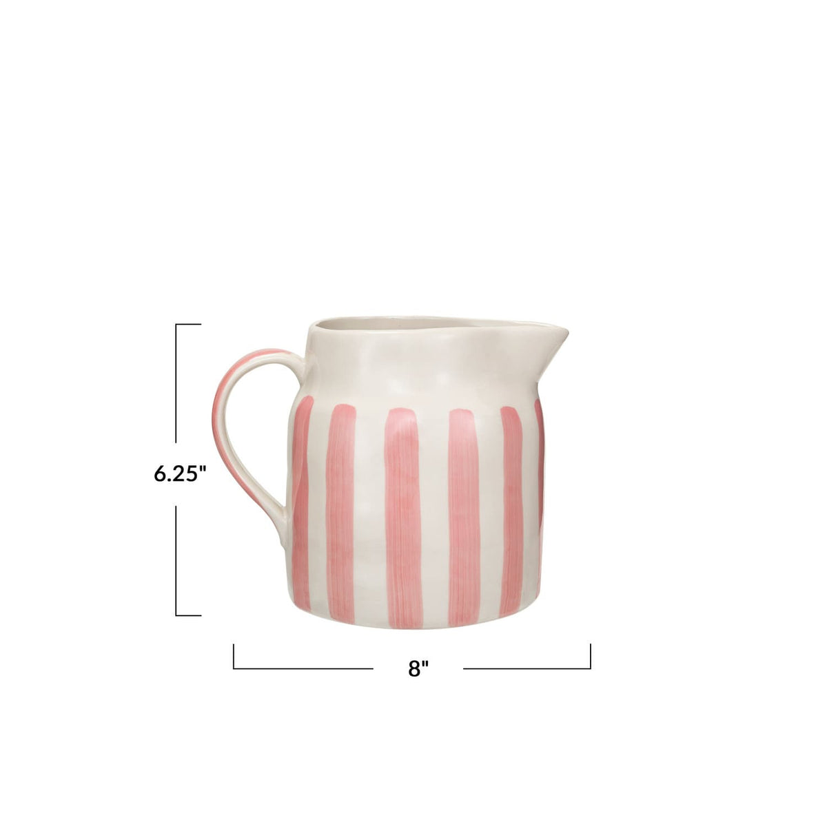 A beige stoneware pitcher with pink stripes, with a handle on the left side and a spout on the right.