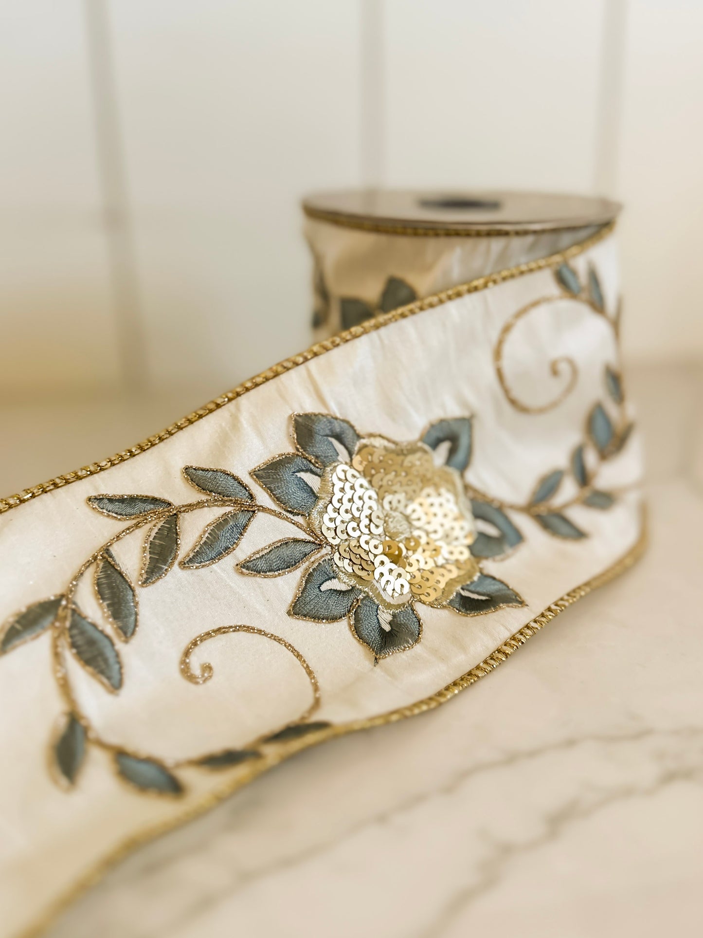 4" White Ribbon with Blue and Gold Floral Detail