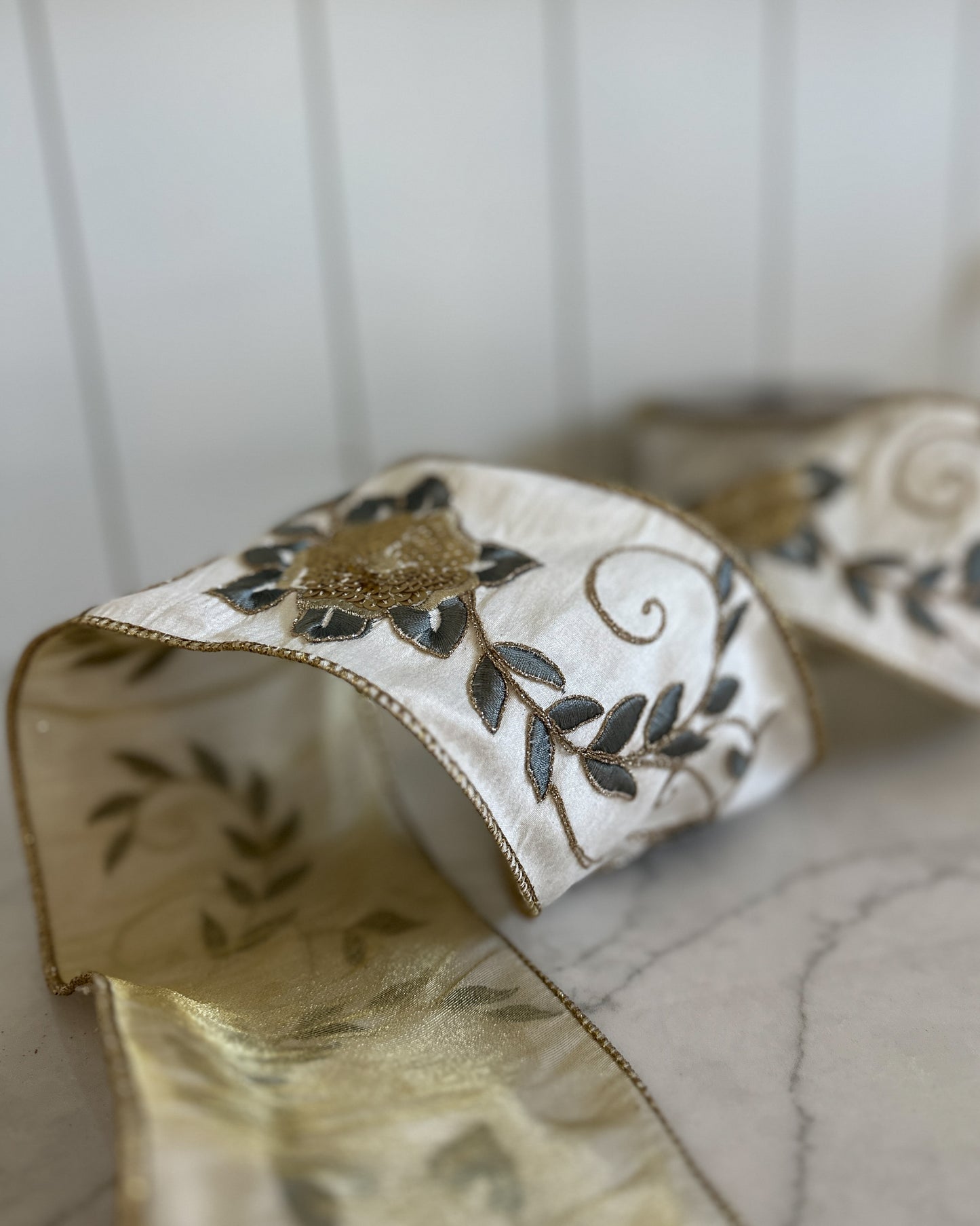 4" White Ribbon with Blue and Gold Floral Detail