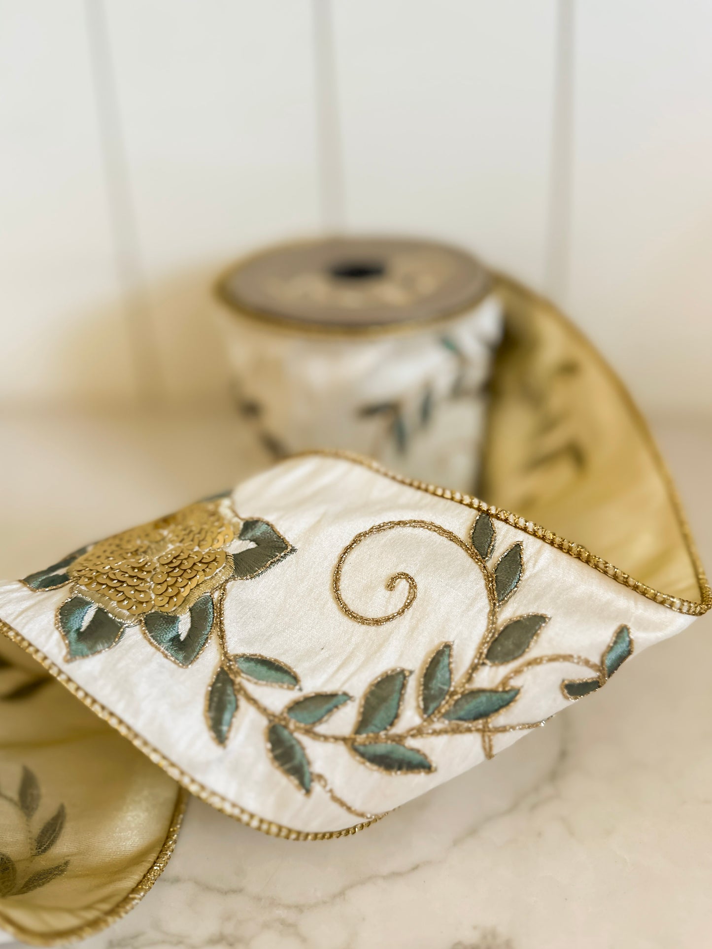 4" White Ribbon with Blue and Gold Floral Detail
