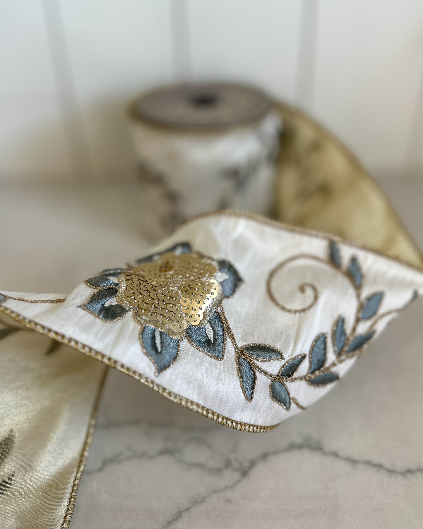 4" White Ribbon with Blue and Gold Floral Detail