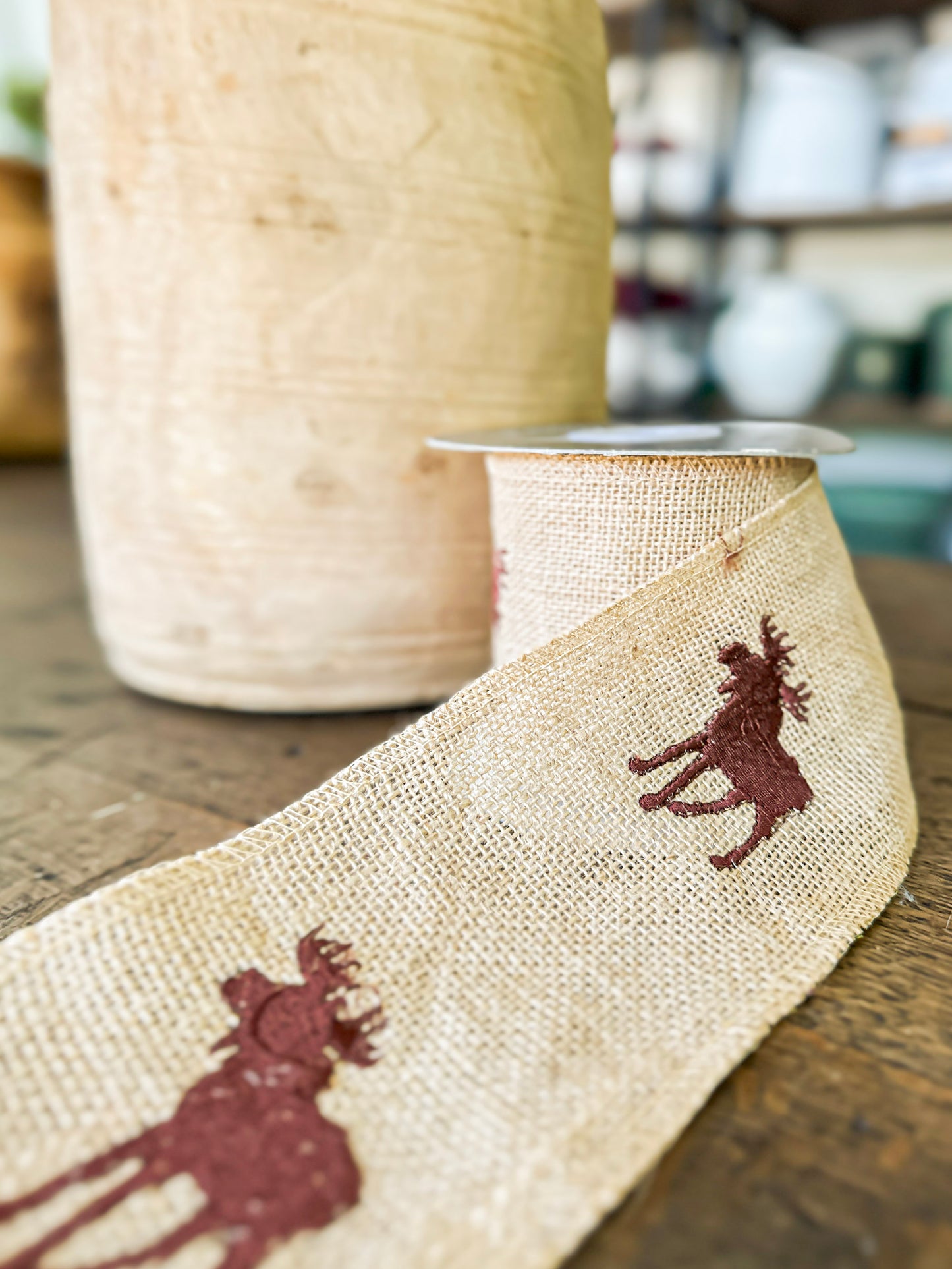 4" Burlap Ribbon with Moose Embroidered