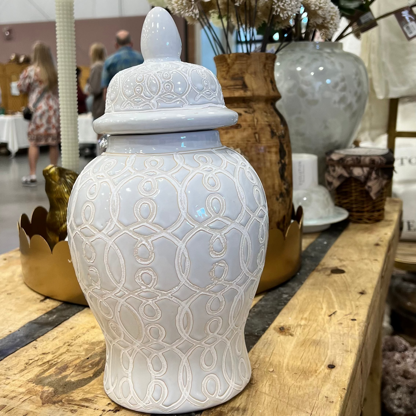 White Patterned Ginger Jar with Lid