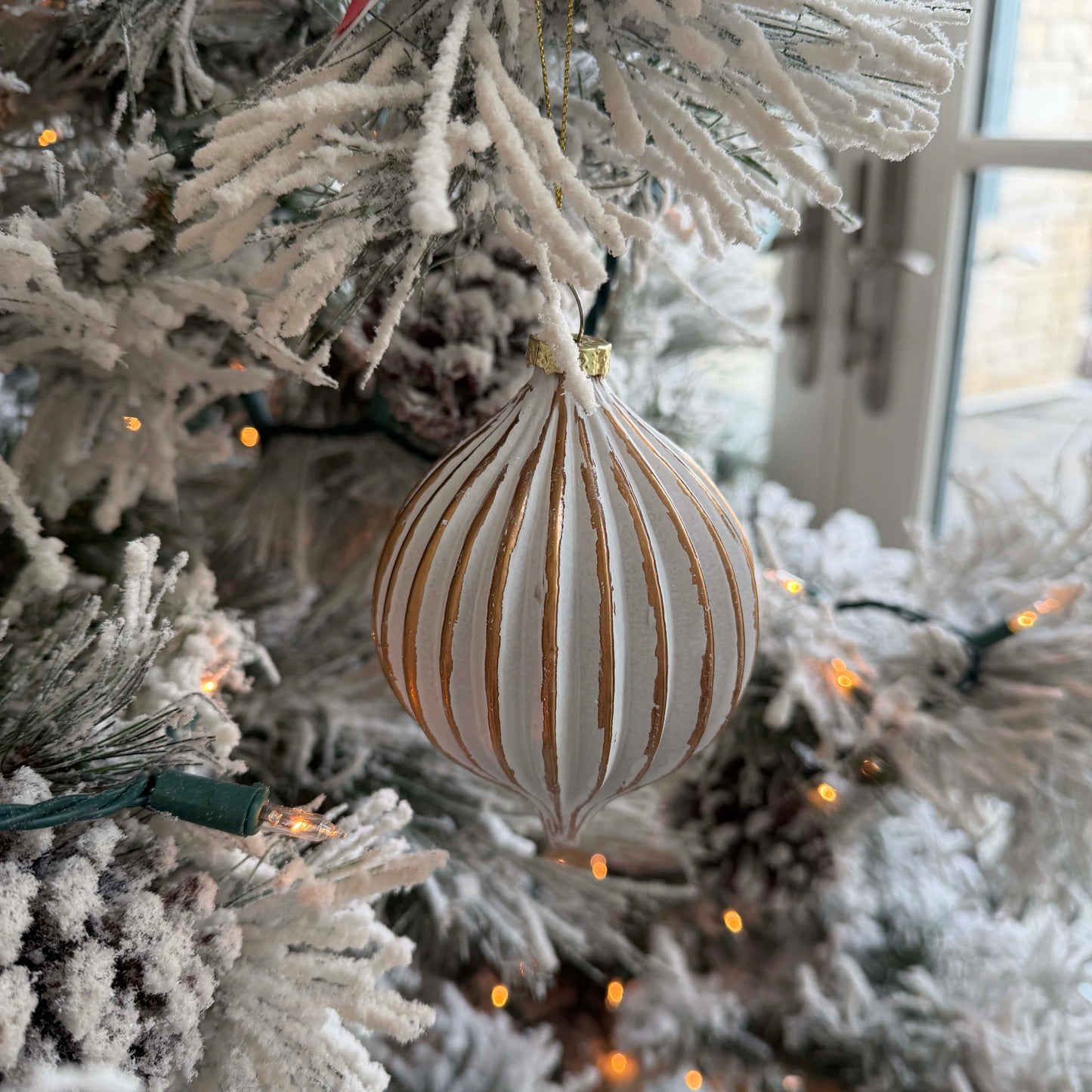White and Gold Rustic Lattice Finial Glass Ornament - 5" Vintage Christmas