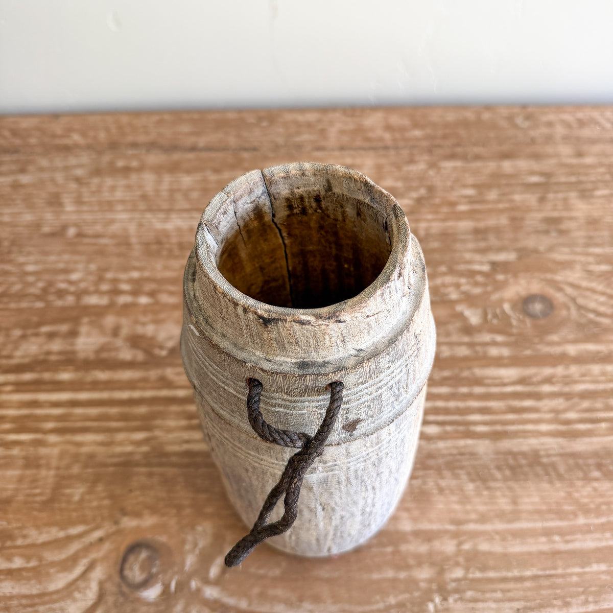 Vintage Wooden Vases with Rope Handles | Handmade Rustic Decorative Vessels