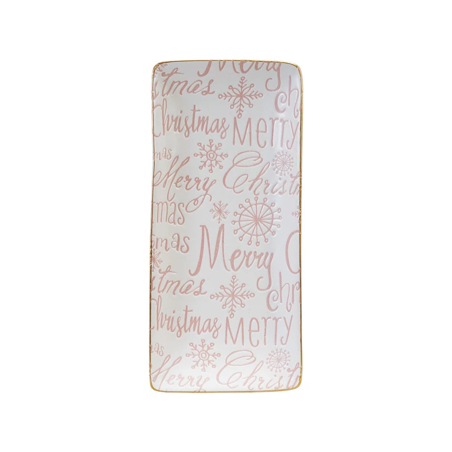 Rectangular serving platter with 'Merry Christmas' text and snowflake designs on a light blue background