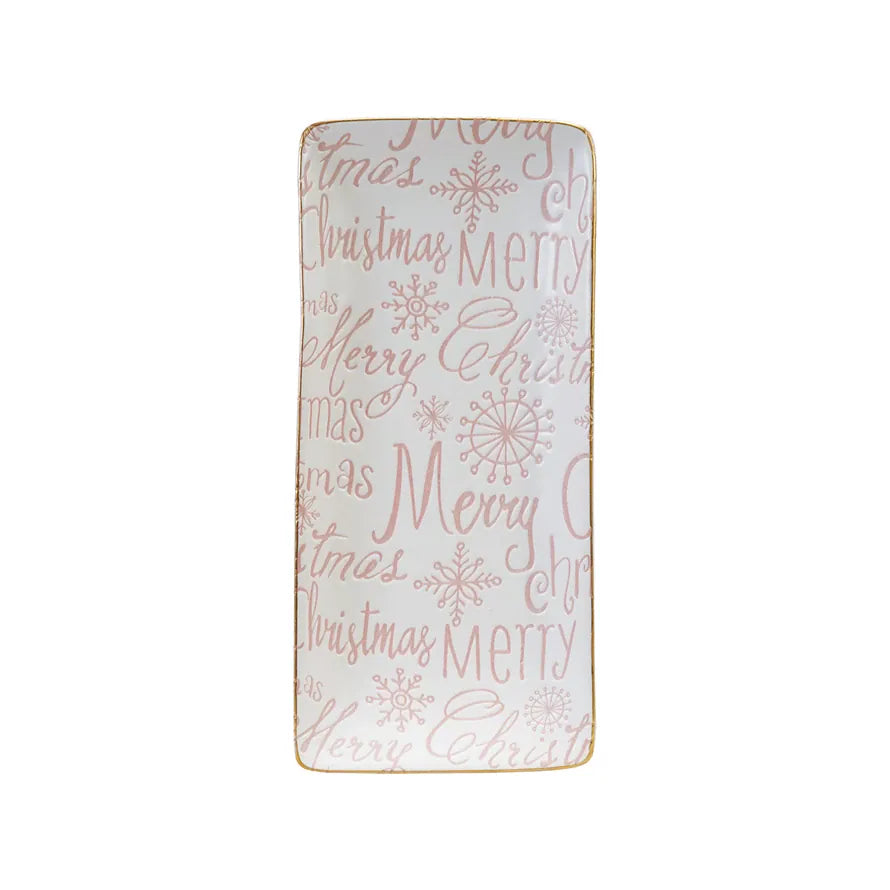 Rectangular serving platter with 'Merry Christmas' text and snowflake designs on a light blue background
