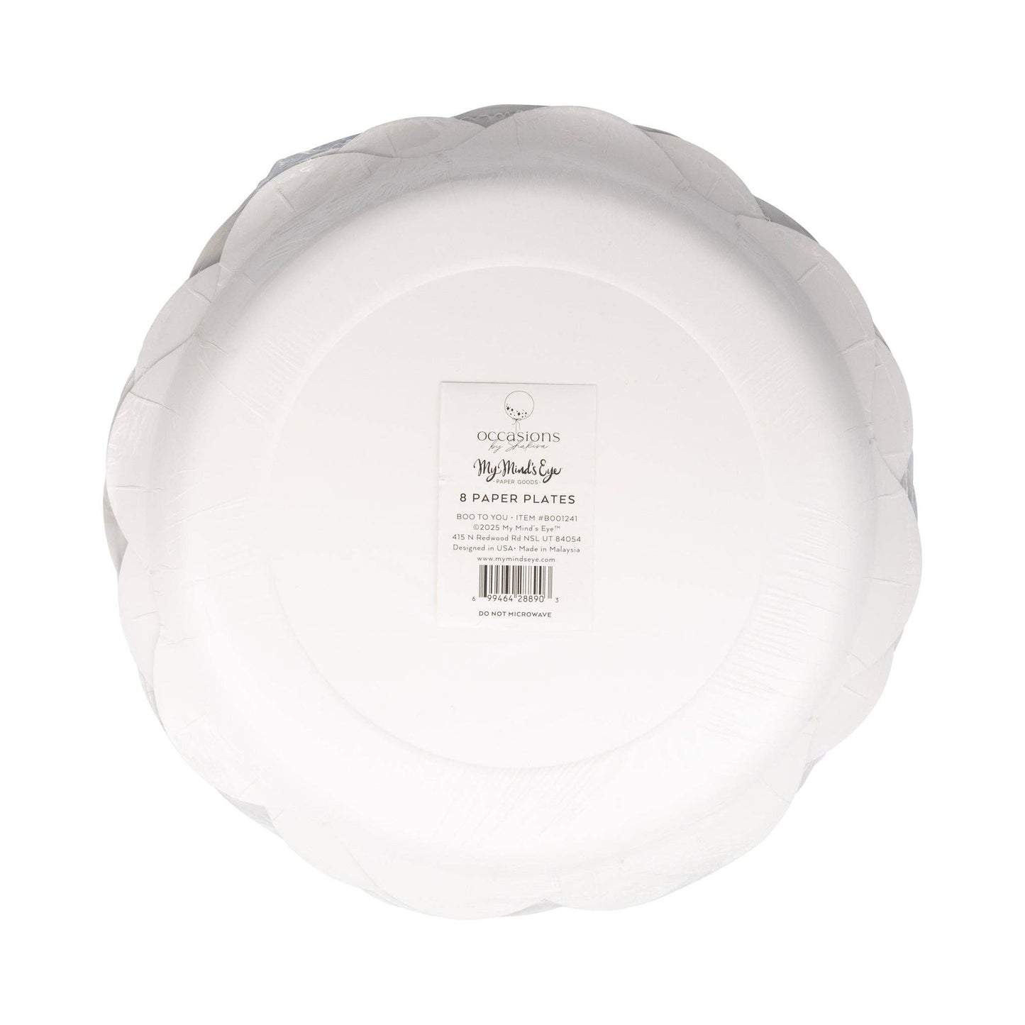back of white paper plates with a visible brand label on a white background