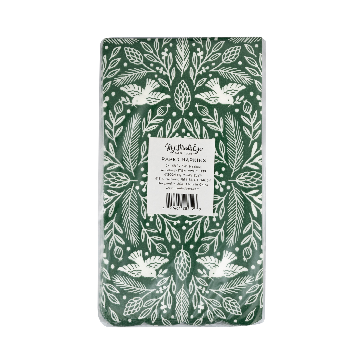 Pack of paper napkins with green and white design on a white background