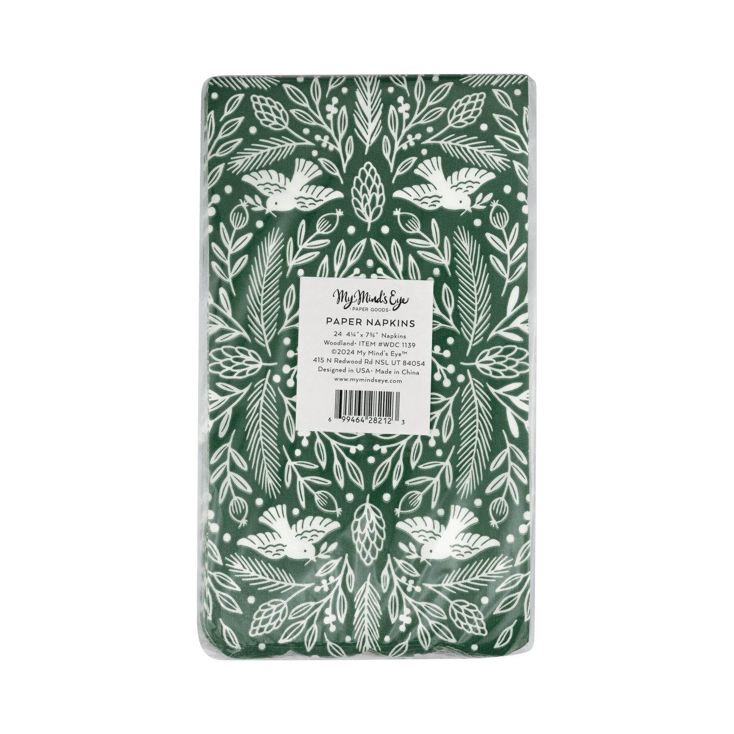 Pack of paper napkins with green and white design on a white background