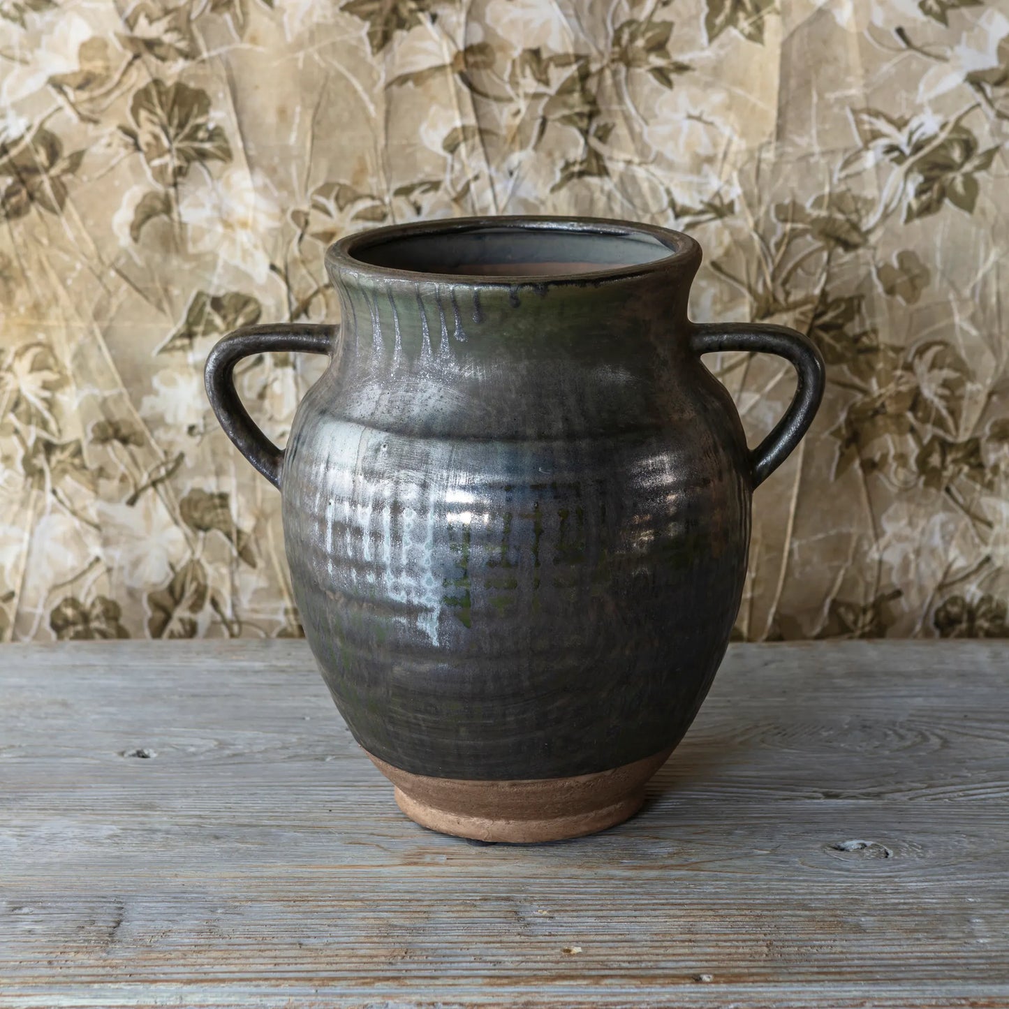 Aged Olive Dripped Glazed Pottery Jardinere Large